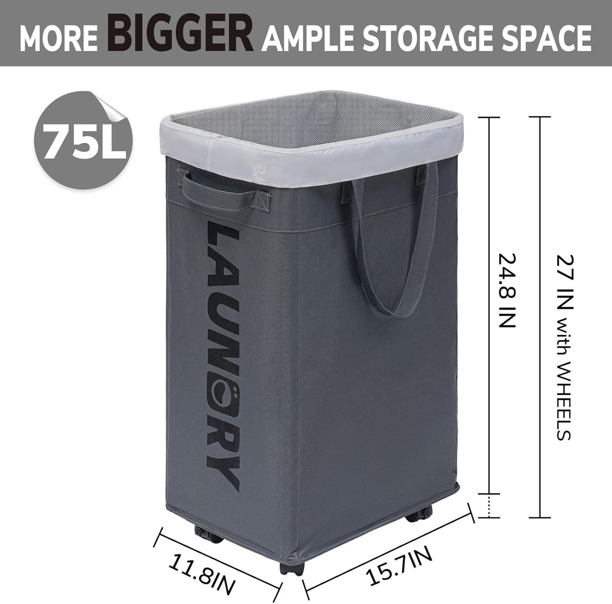 Goodpick 75L Laundry Basket with Wheels & Removable Wash Bag for Dorm