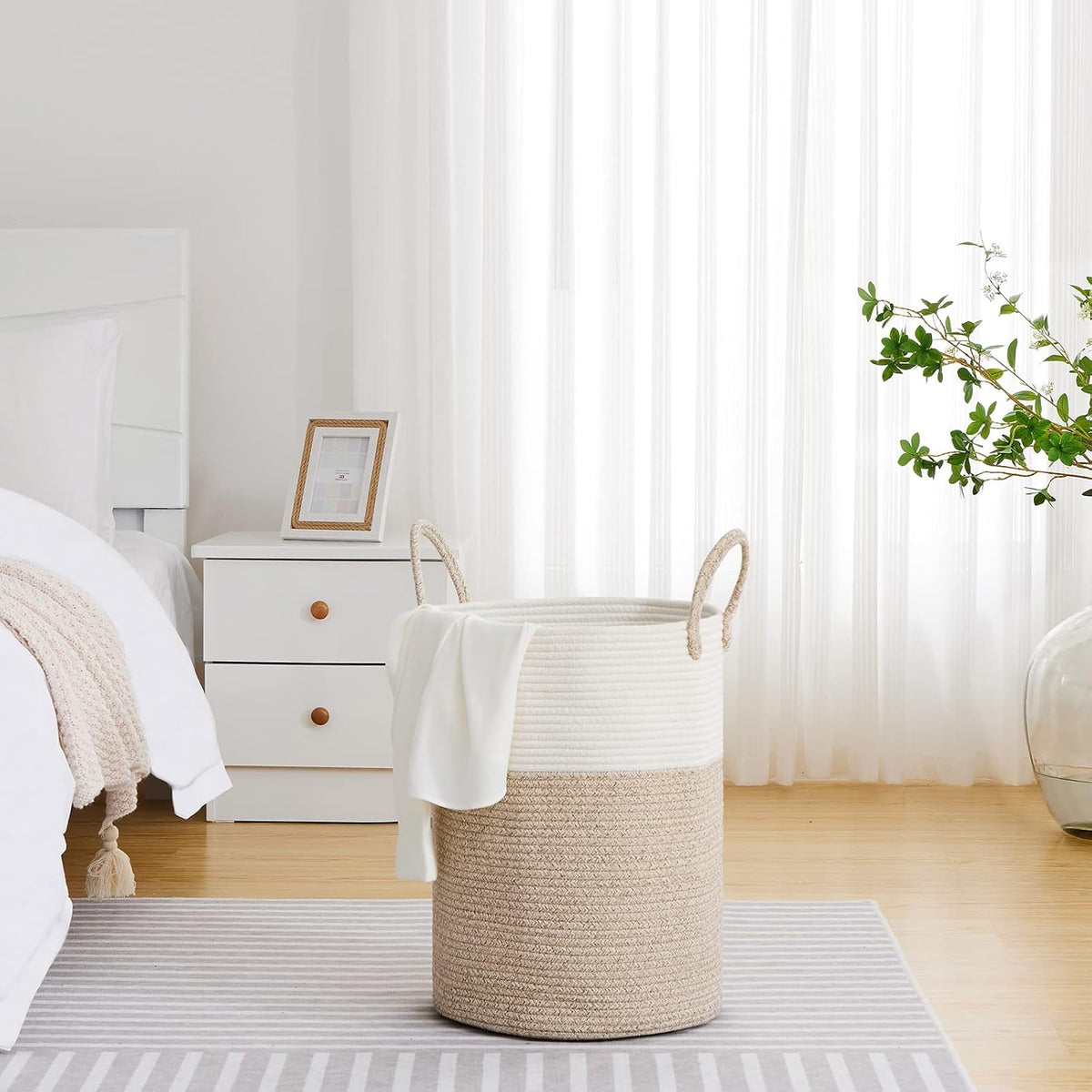 VIPOSCO 58L Tall Woven Laundry Basket Hamper, White Brown