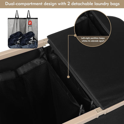 DOKEHOM 160L Double Laundry Basket Hamper with Lid & Removable Bags, Black