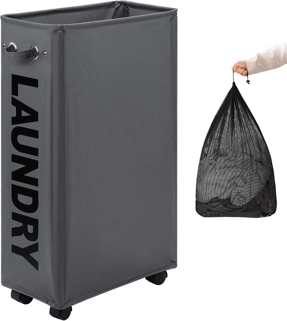DOKEHOM 70L Enlarged Slim Rolling Laundry Basket Hamper on Wheels, Grey
