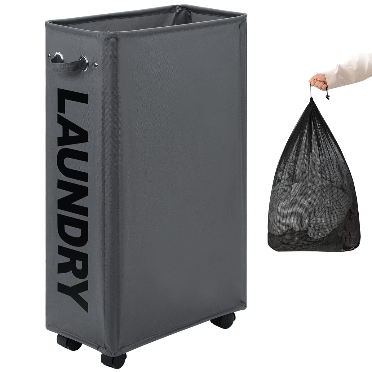 DOKEHOM 70L Enlarged Slim Rolling Laundry Basket Hamper on Wheels, Grey