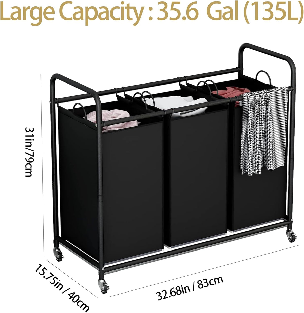 LINZINAR 3 Section Laundry Hamper Sorter, Black Laundry Basket with Wheels
