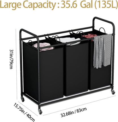 LINZINAR 3 Section Laundry Hamper Sorter, Black Laundry Basket with Wheels