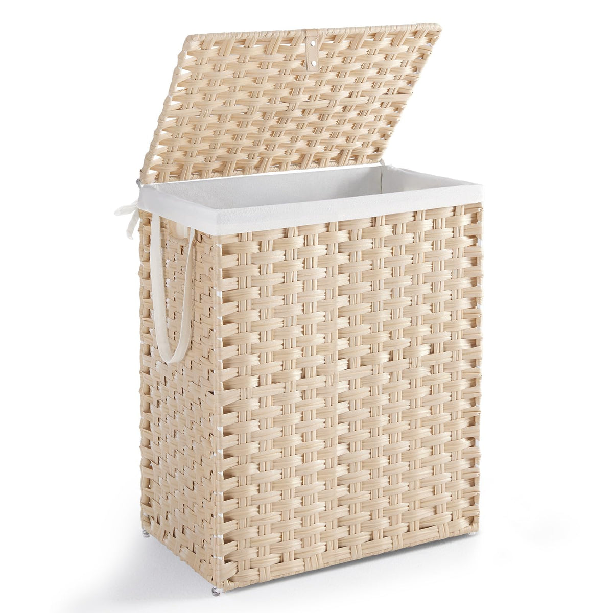 DUMOS Woven Laundry Basket with Lid, 90L Large Capacity Hamper, Removable & Machine-Washable Liner, Foldable Rattan Clothes Hamper, Sturdy Steel Frame, Odor Control, Dove Gray