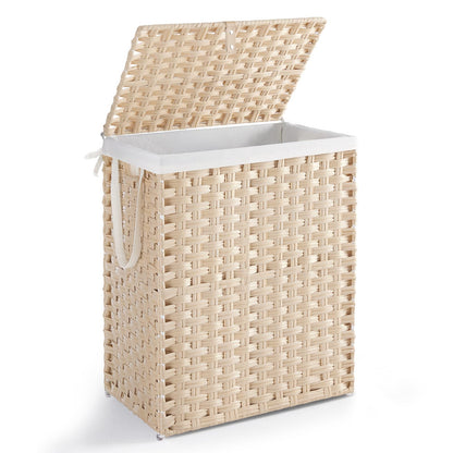 DUMOS Woven Laundry Basket with Lid, 90L Large Capacity Hamper, Removable & Machine-Washable Liner, Foldable Rattan Clothes Hamper, Sturdy Steel Frame, Odor Control, Dove Gray