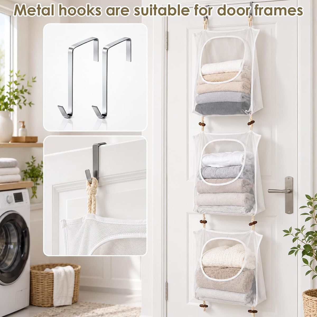 3Pcs Over the Door Hanging Laundry Hamper Mesh Bag 74.8 x 18.5in with Hooks
