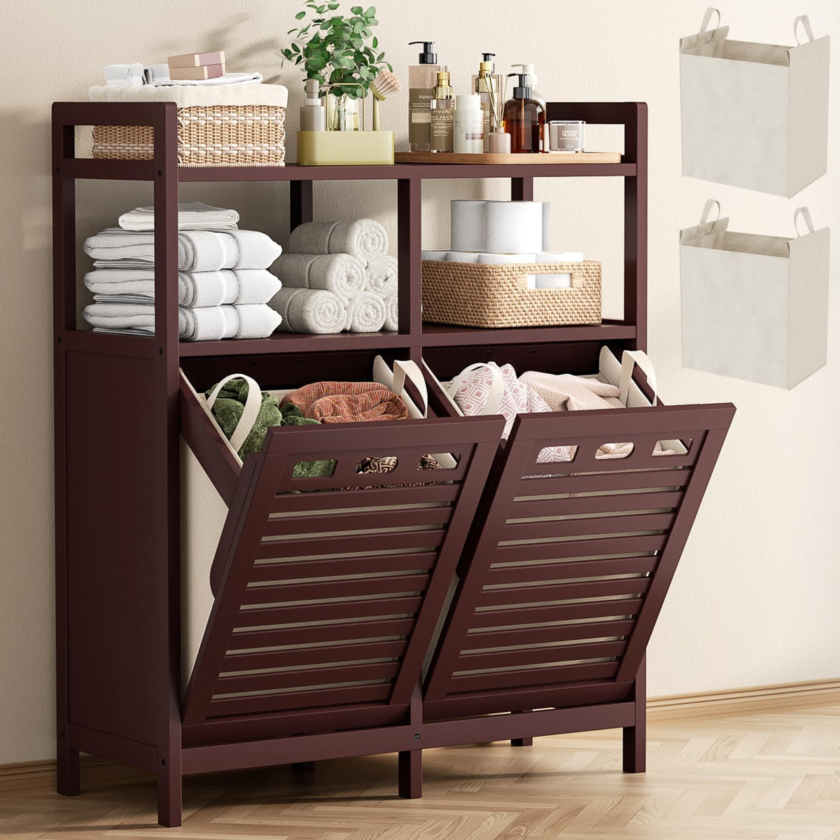 Homykic Bamboo Double Tilt Out Laundry Hamper Cabinet with 2 Bags, Black
