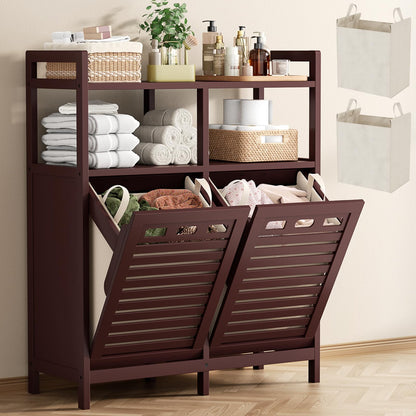Homykic Bamboo Double Tilt Out Laundry Hamper Cabinet with 2 Bags, Black