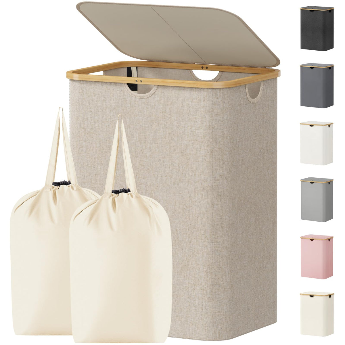 Lifewit 120L Large Laundry Basket with Lid, 2 Removable Bags, Beige