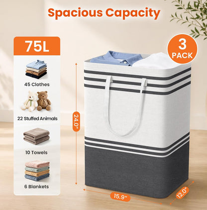 TranquilRelax 3-Pack Laundry Basket, Laundry Hamper, Grey-75L