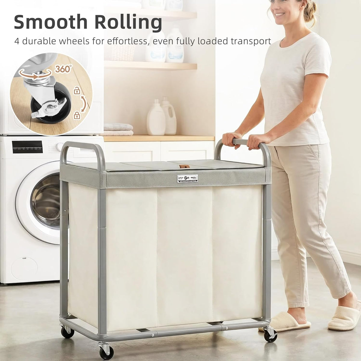STORAGE MANIAC Laundry Hamper 3 Section with Lid Rolling Laundry Basket