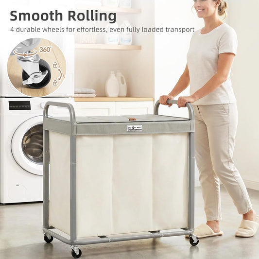 STORAGE MANIAC Laundry Hamper 3 Section with Lid Rolling Laundry Basket