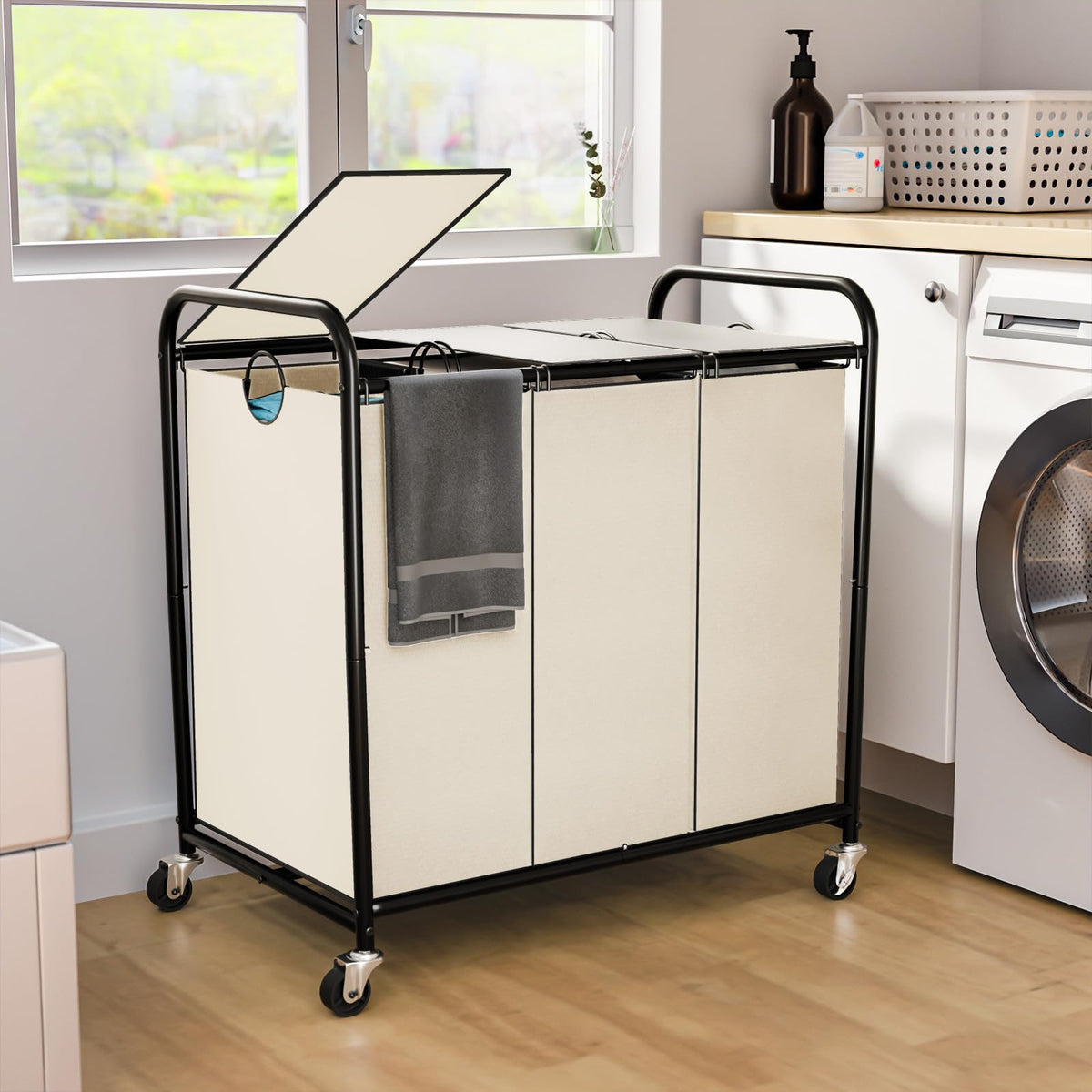 180L Laundry Sorter 3 Section, Rolling Laundry Basket with Wheels and Lid