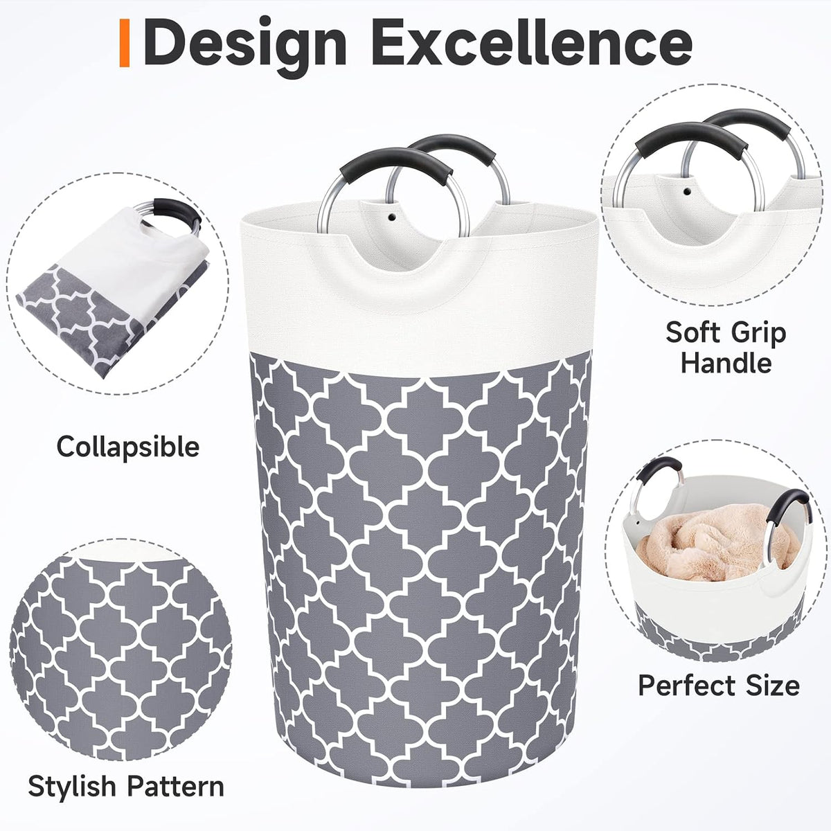 Large Laundry Basket 82L Tall Collapsible Hamper with Handles for Dorm Grey