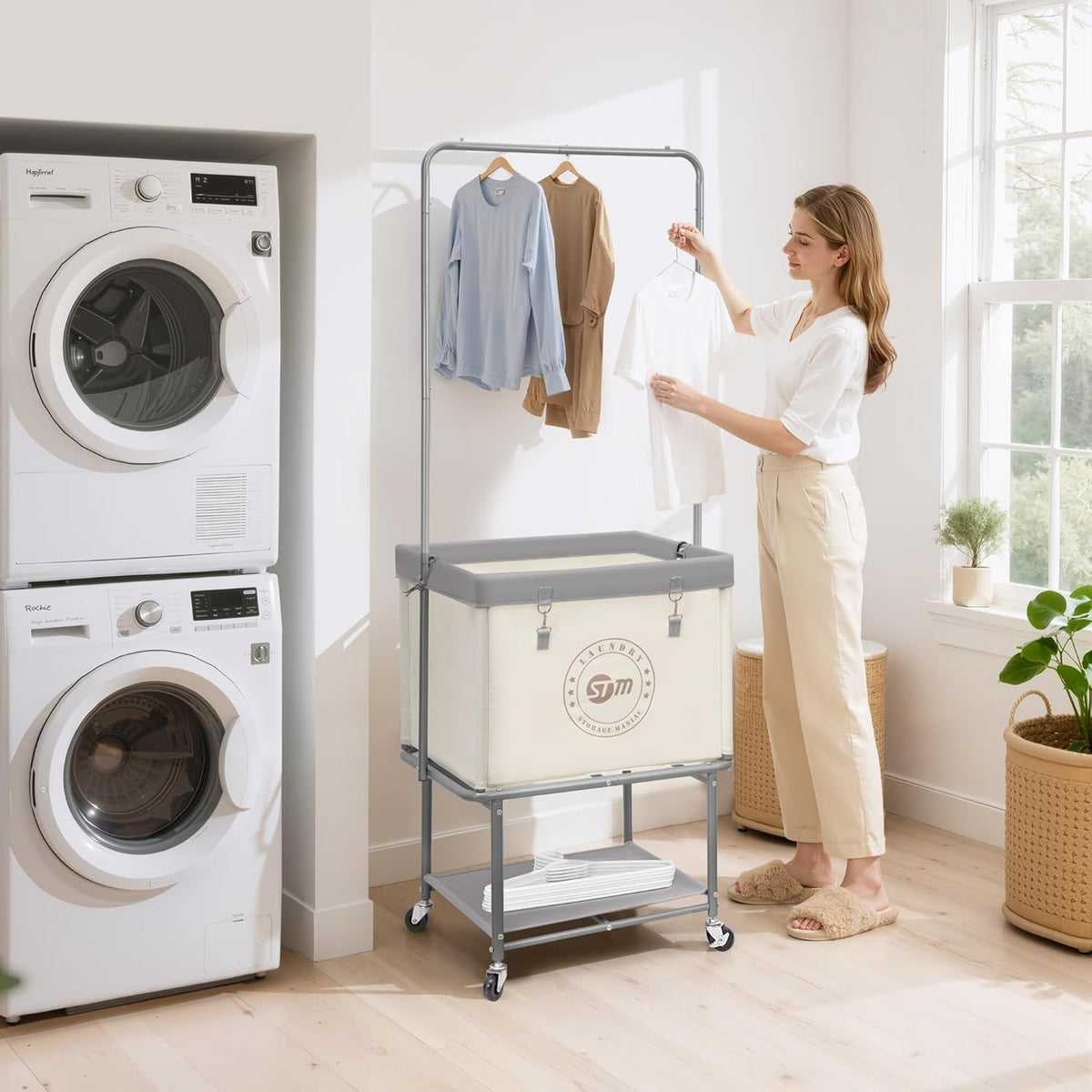 STORAGE MANIAC Rolling Laundry Cart with Hanging Bar & Storage Shelf, Beige