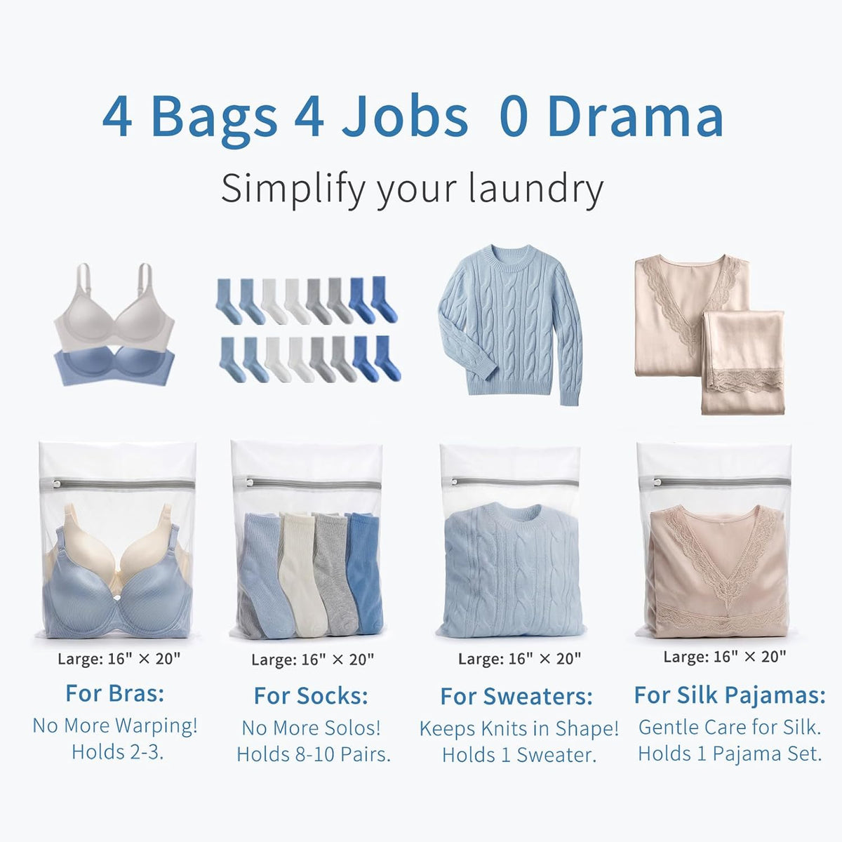 Muchfun 4Pcs Durable Fine Mesh Laundry Bags for Delicates 16 x 20 Inches