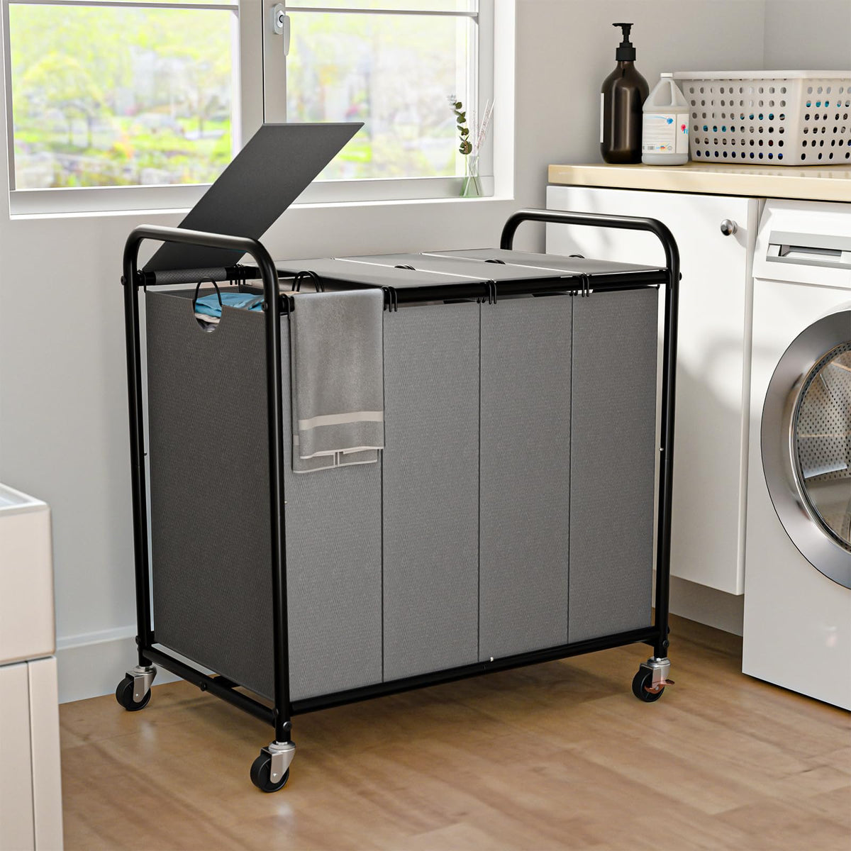 180L Laundry Sorter 3 Section, Rolling Laundry Basket with Wheels and Lid
