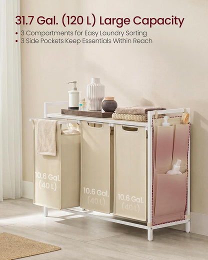 VASAGLE Laundry Hamper with Shelf, 3 Pull-Out Bags, 3 x 10.6 Gallons (40 L)