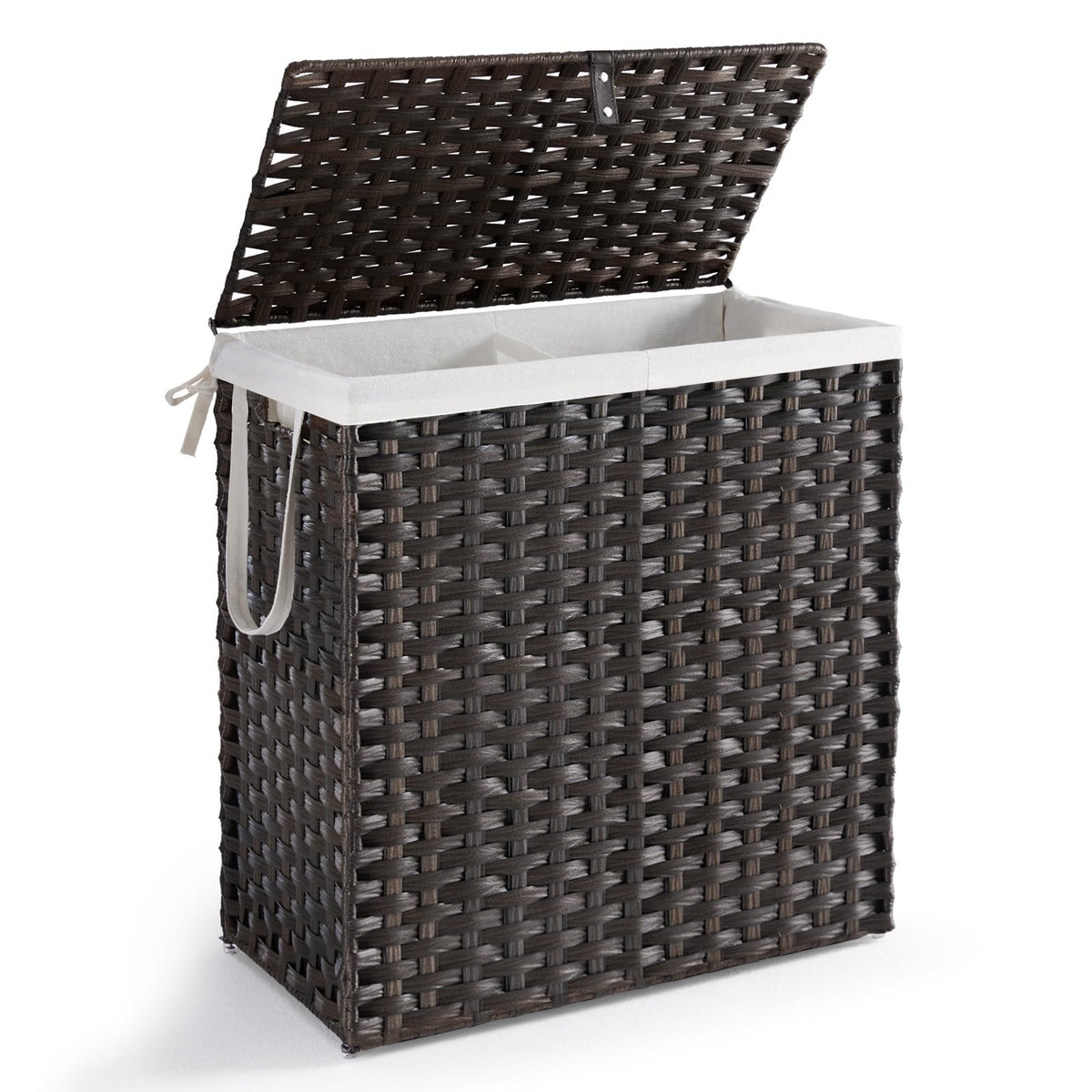 DUMOS Woven Laundry Basket with Lid, 90L Large Capacity Hamper, Removable & Machine-Washable Liner, Foldable Rattan Clothes Hamper, Sturdy Steel Frame, Odor Control, Dove Gray