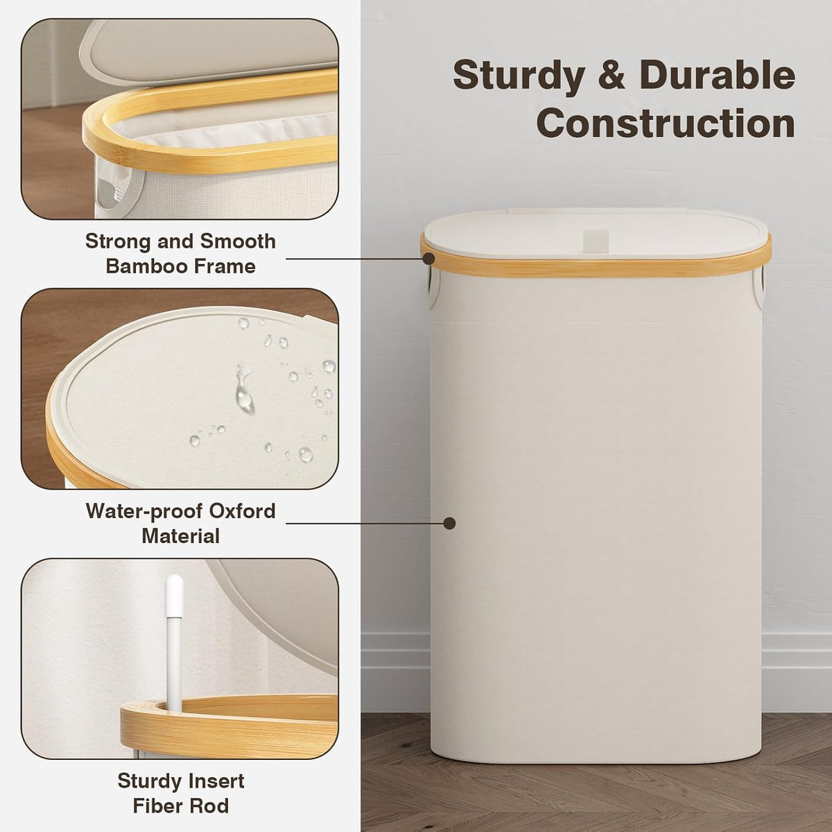 Bathola Slim Laundry Hamper with Lid, 60L Small Laundry Basket, Beige