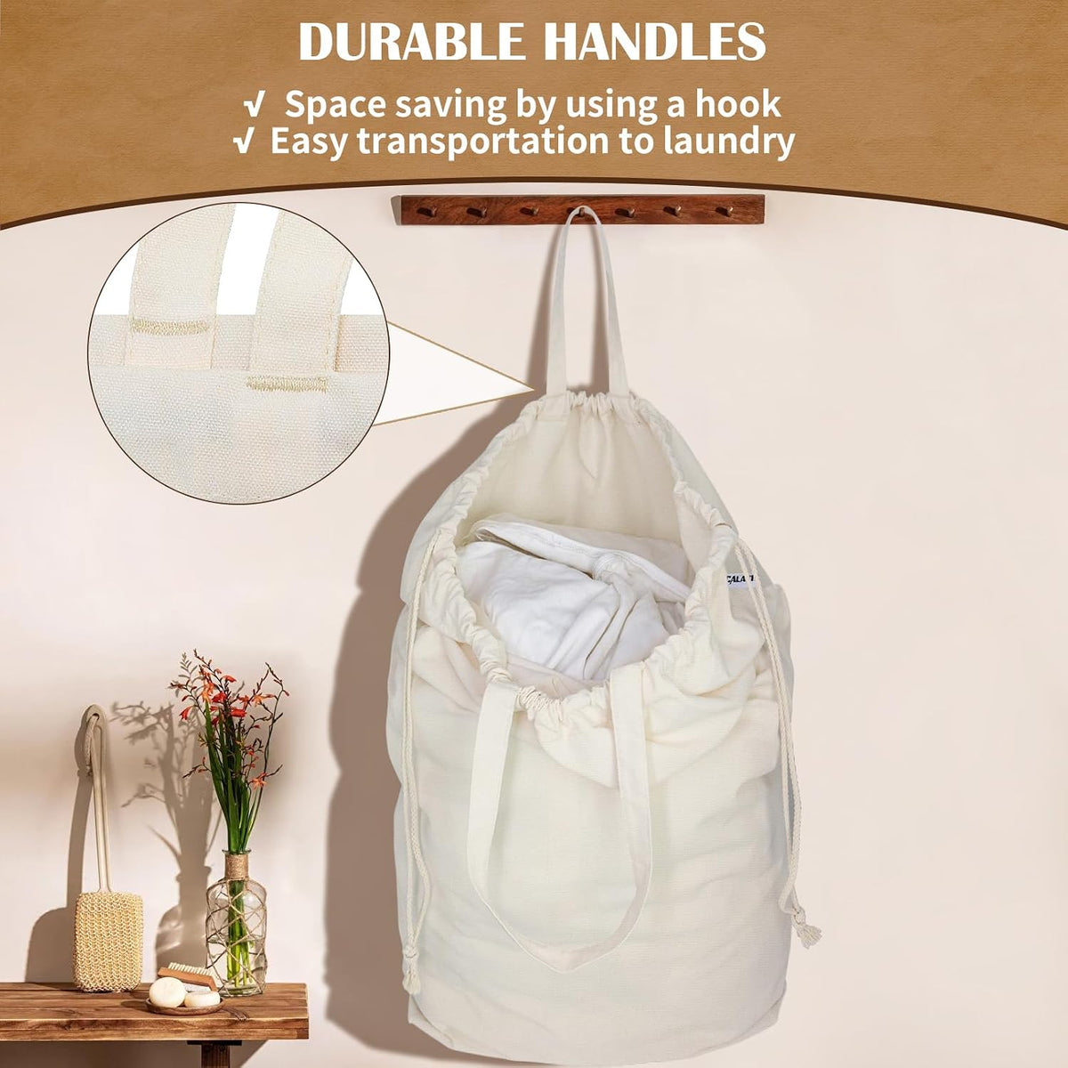 Heavy Duty Canvas Laundry Bags with Square Base 13.8"Wx13.8"Dx27.6"H, Beige