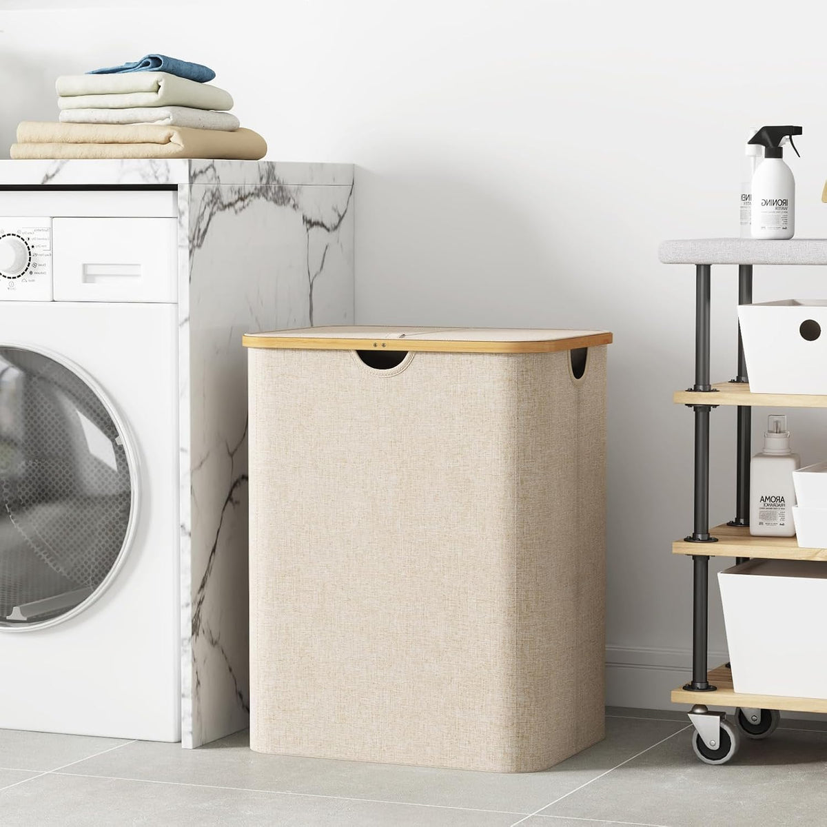 Lifewit 120L Large Laundry Basket with Lid, 2 Removable Bags, Beige