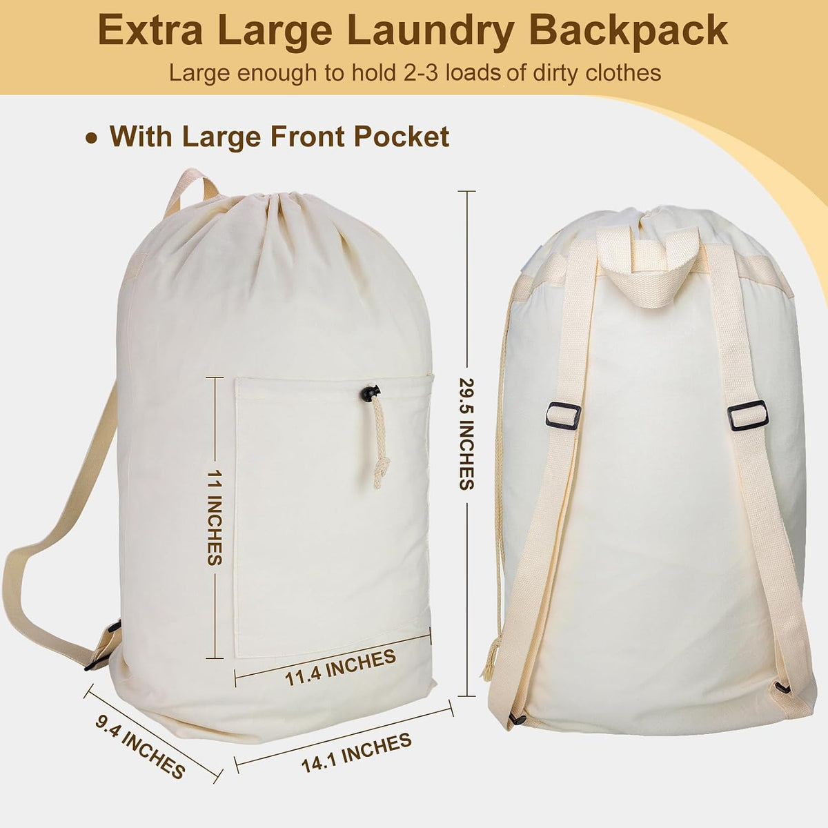 Laundry Bag Backpack, Canvas Laundry Bag with Straps & Drawstring, Beige XL
