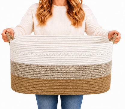Large Laundry Hamper Basket, 85L Cotton Rope Woven Storage Bin for Blankets, Dirty Clothes Toys, Decorative Tall Basket with Leather Handles for Living Room, Bedroom, Bathroom, Nursery, Jute