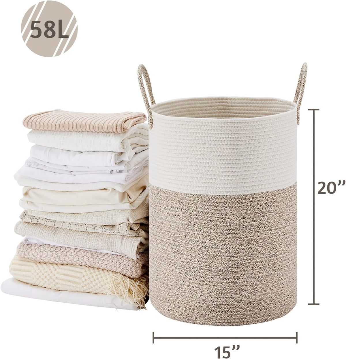 VIPOSCO 58L Tall Woven Laundry Basket Hamper, White Brown