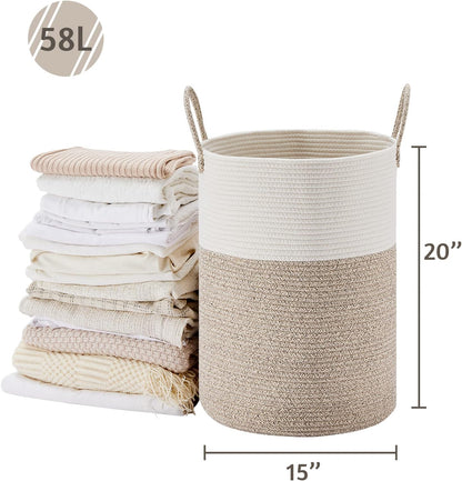 VIPOSCO 58L Tall Woven Laundry Basket Hamper, White Brown
