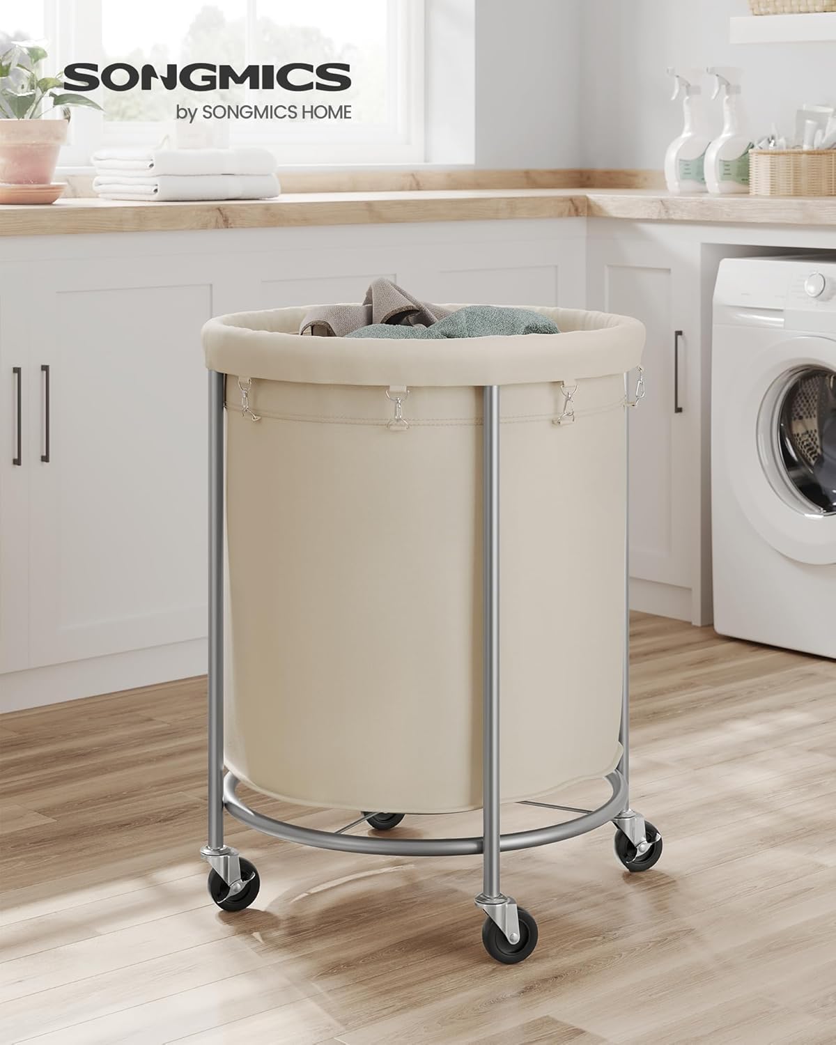 SONGMICS Laundry Basket with Wheels,190L, Steel Frame, Removable Bag