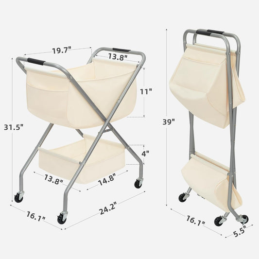 STORAGE MANIAC Collapsible Laundry Cart with Wheels 31.5"H Rolling Laundry Hamper Clothes Basket with Wheels, Canvas Liner Sturdy Steel Frame Folding for Small Narrow Space Easy Storage, Beige