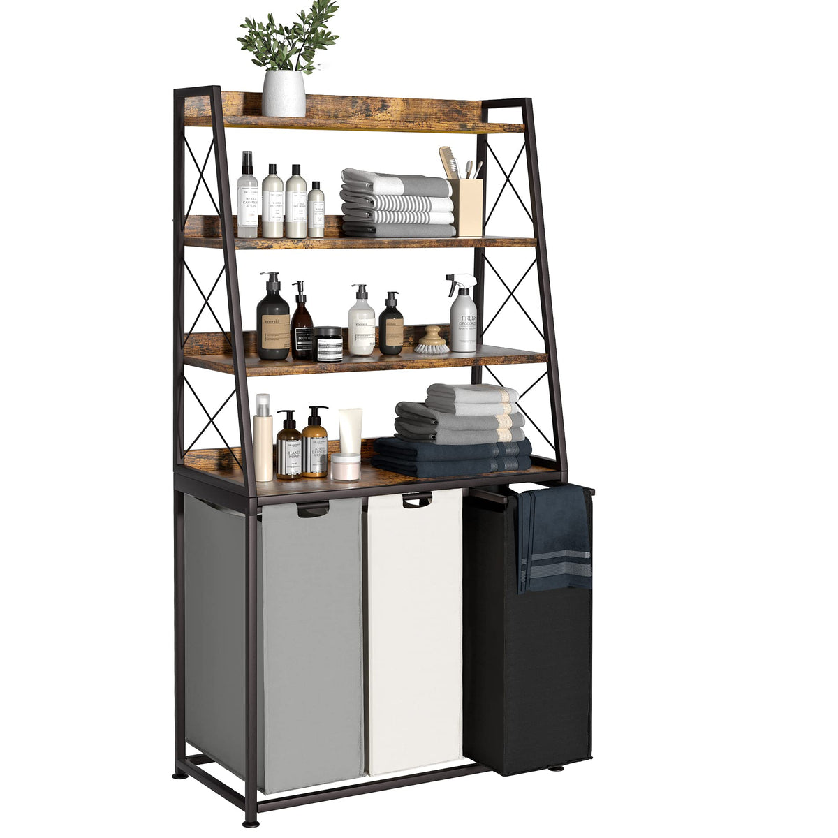 Herture Laundry Basket, 2 Section Laundry Hamper with 4 Tiers Shelf, Pull-Out and Removable Laundry Bags, Large 2 x 15.87 Gallons, for Bedroom Bathroom Rustic Brown PF11XLN