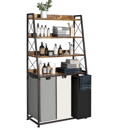 Herture Laundry Basket, 2 Section Laundry Hamper with 4 Tiers Shelf, Pull-Out and Removable Laundry Bags, Large 2 x 15.87 Gallons, for Bedroom Bathroom Rustic Brown PF11XLN