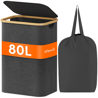 Lifewit 120L Large Laundry Basket with Lid, 2 Removable Bags, Beige
