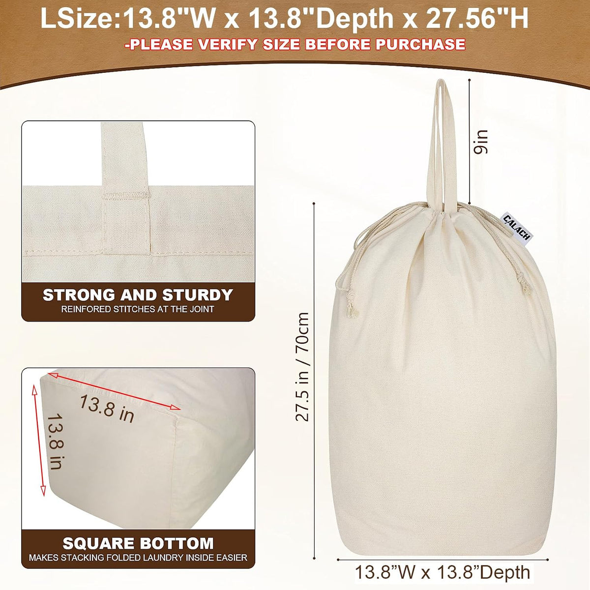 Heavy Duty Canvas Laundry Bags with Square Base 13.8"Wx13.8"Dx27.6"H, Beige