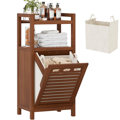 Homykic Bamboo Double Tilt Out Laundry Hamper Cabinet with 2 Bags, Black