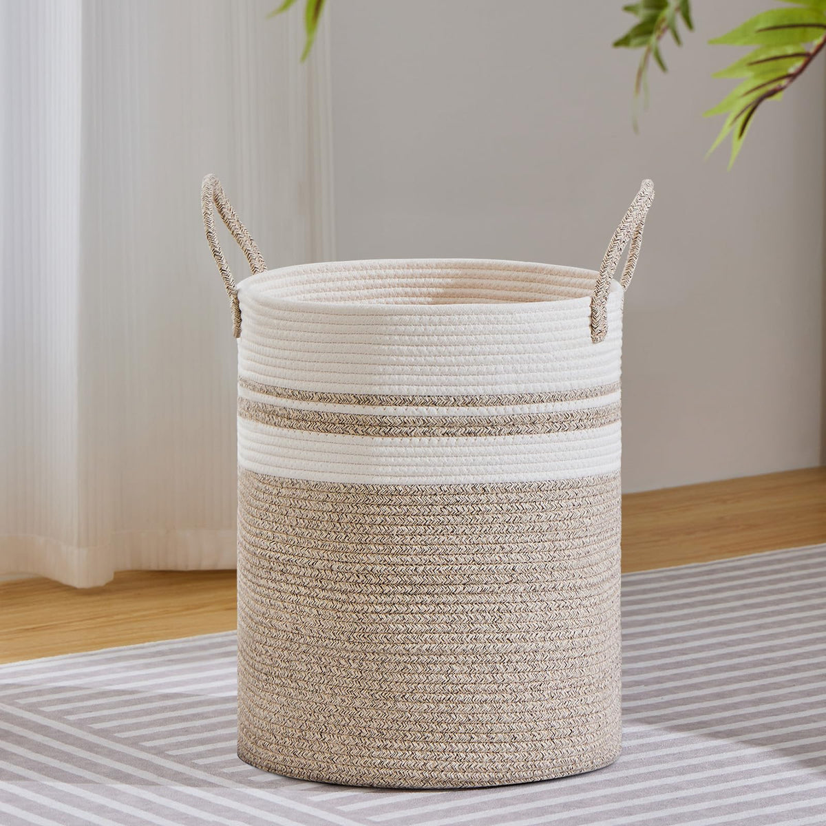 VIPOSCO 58L Tall Woven Laundry Basket Hamper, White Brown