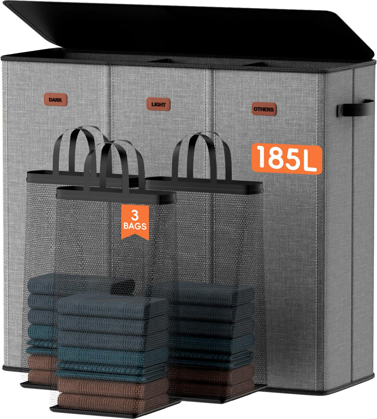 Laundry hamper 3 Section, XL Clothes Hamper with Lid & Inner Bag, Black
