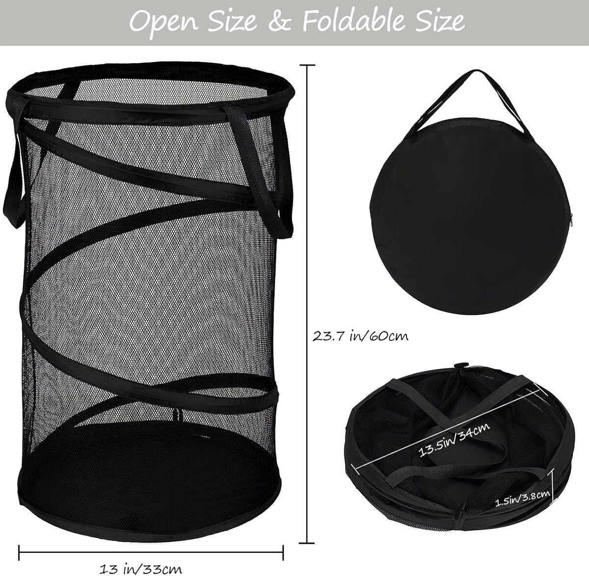 BATTOO Collapsible Laundry Basket Foldable Mesh Pop Up Hamper with Handles for Laundry Room, Bathroom, Kids Room, College Dorm, Travel, Storage Organizer Black