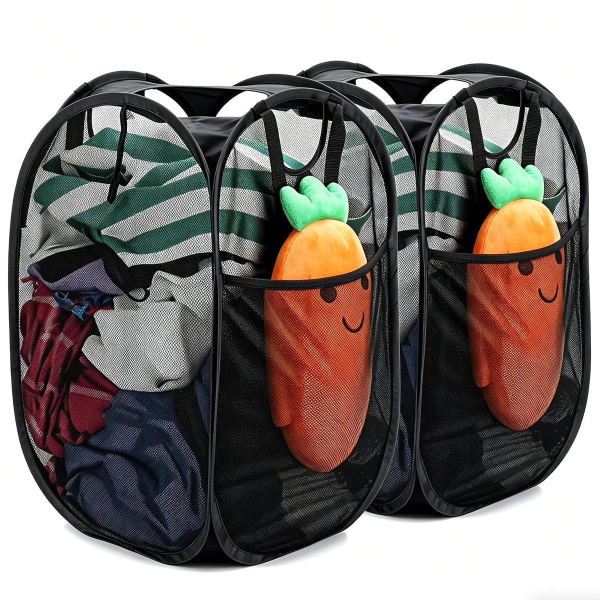 HOUSE AGAIN 2 Pack Strong Mesh Pop Up Laundry Hamper, 70L Collapsible Laundry Basket with Steel Frame, Double‑Stitched Handles & Side Pocket, Foldable Dirty Clothes Hamper for Dorm, Bedroom, Black