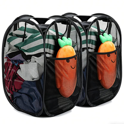 HOUSE AGAIN 2 Pack Strong Mesh Pop Up Laundry Hamper, 70L Collapsible Laundry Basket with Steel Frame, Double‑Stitched Handles & Side Pocket, Foldable Dirty Clothes Hamper for Dorm, Bedroom, Black