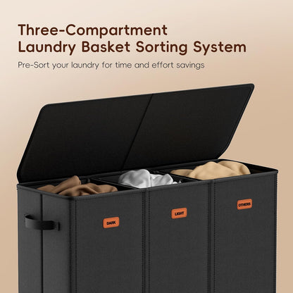Laundry hamper 3 Section, XL Clothes Hamper with Lid & Inner Bag, Black