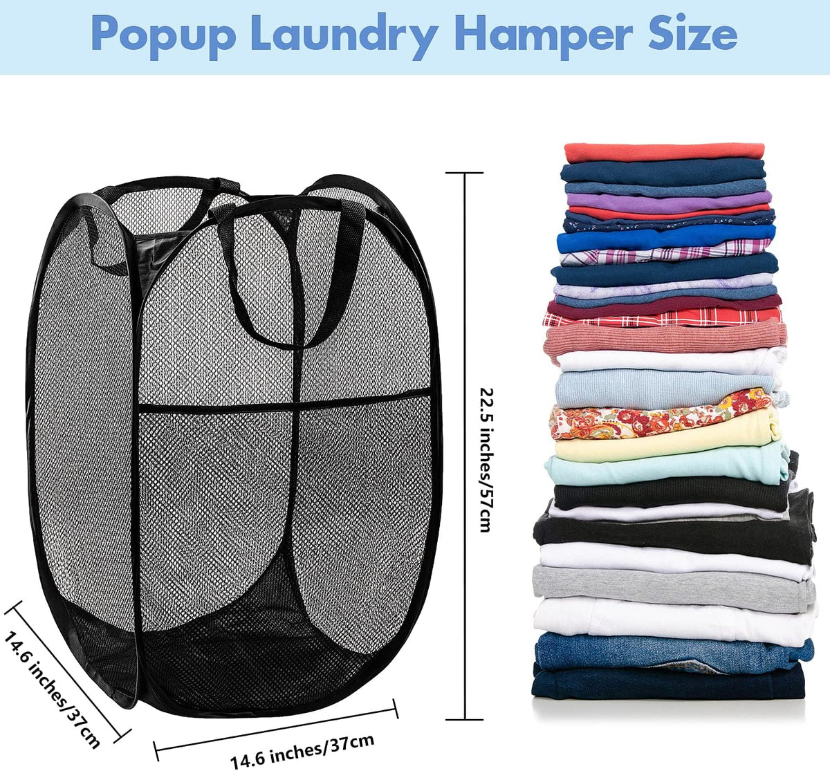 Pop Up Laundry Hamper, 70L Collapsible Mesh Basket with Side Pocket, Black