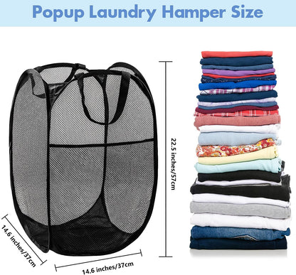Pop Up Laundry Hamper, 70L Collapsible Mesh Basket with Side Pocket, Black