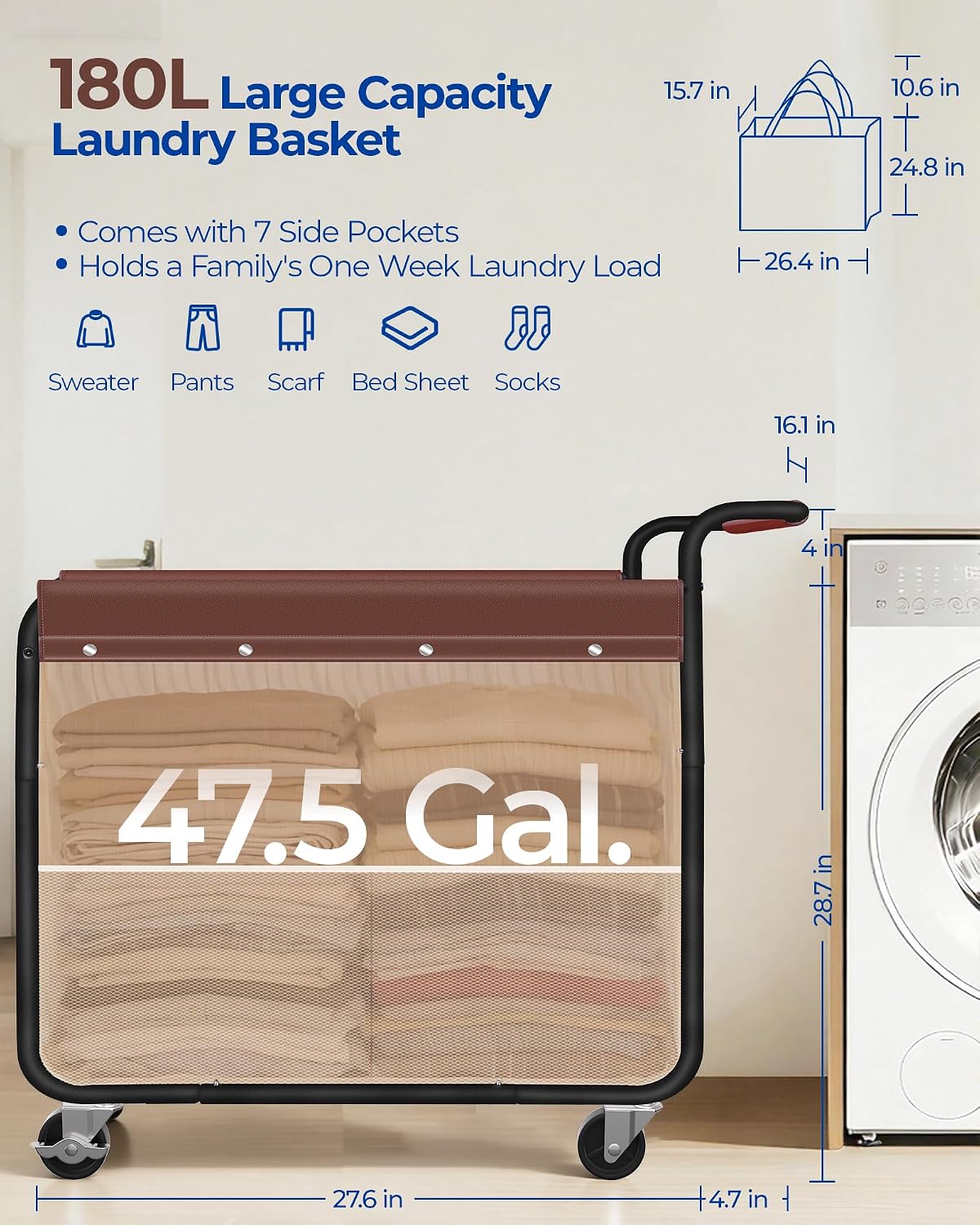 Kayfia 180L Rolling Laundry Hamper, Laundry Basket with Wheels, Beige