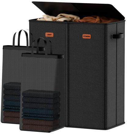 Laundry hamper 3 Section, XL Clothes Hamper with Lid & Inner Bag, Black
