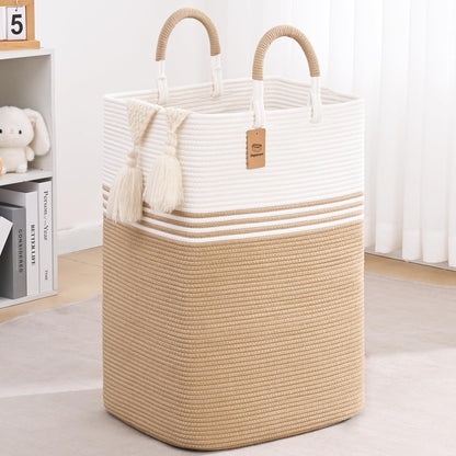 Laundry Basket Hamper,Blanket Storage,Dirty Clothes Hamper with Swivel Handles,Woven Cotton Rope Toy Baskets,Blanket Basket Living Room,Decorative Hampers for Nursery,Bedroom,White & Linen,60L