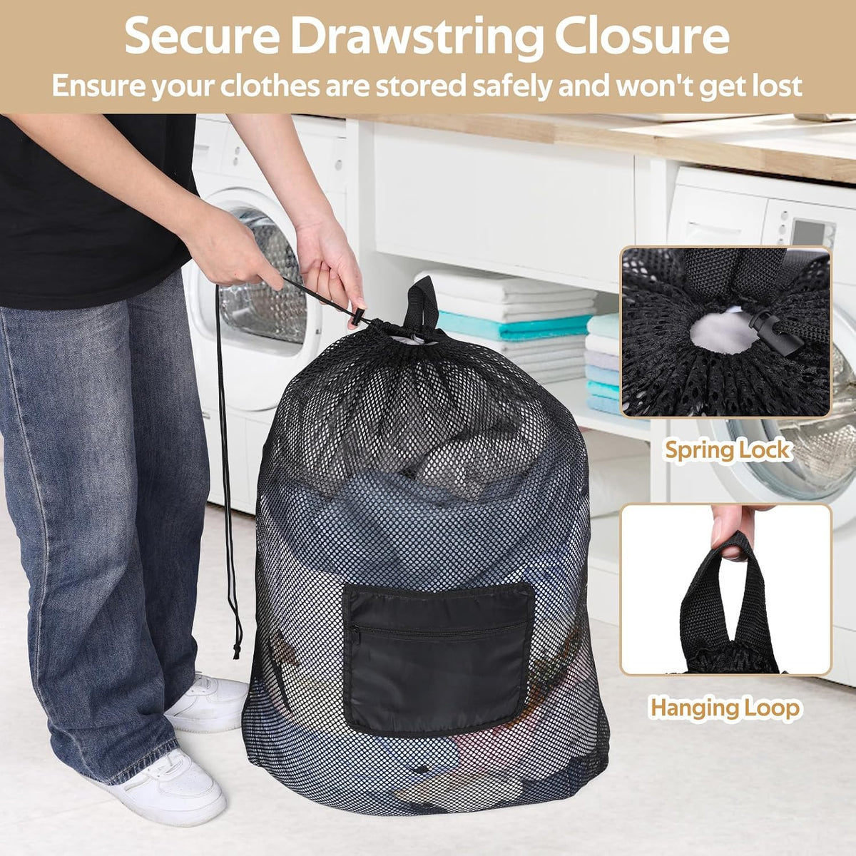 OTraki Mesh Laundry Bags 36 x 28 Inch Extra Large Travel Laundry Bag Backpack Heavy Duty Drawstring Dirty Clothes Laundry Mesh Wash Bag with Shoulder Straps Don't Drying, Melting 140-176℉ Black