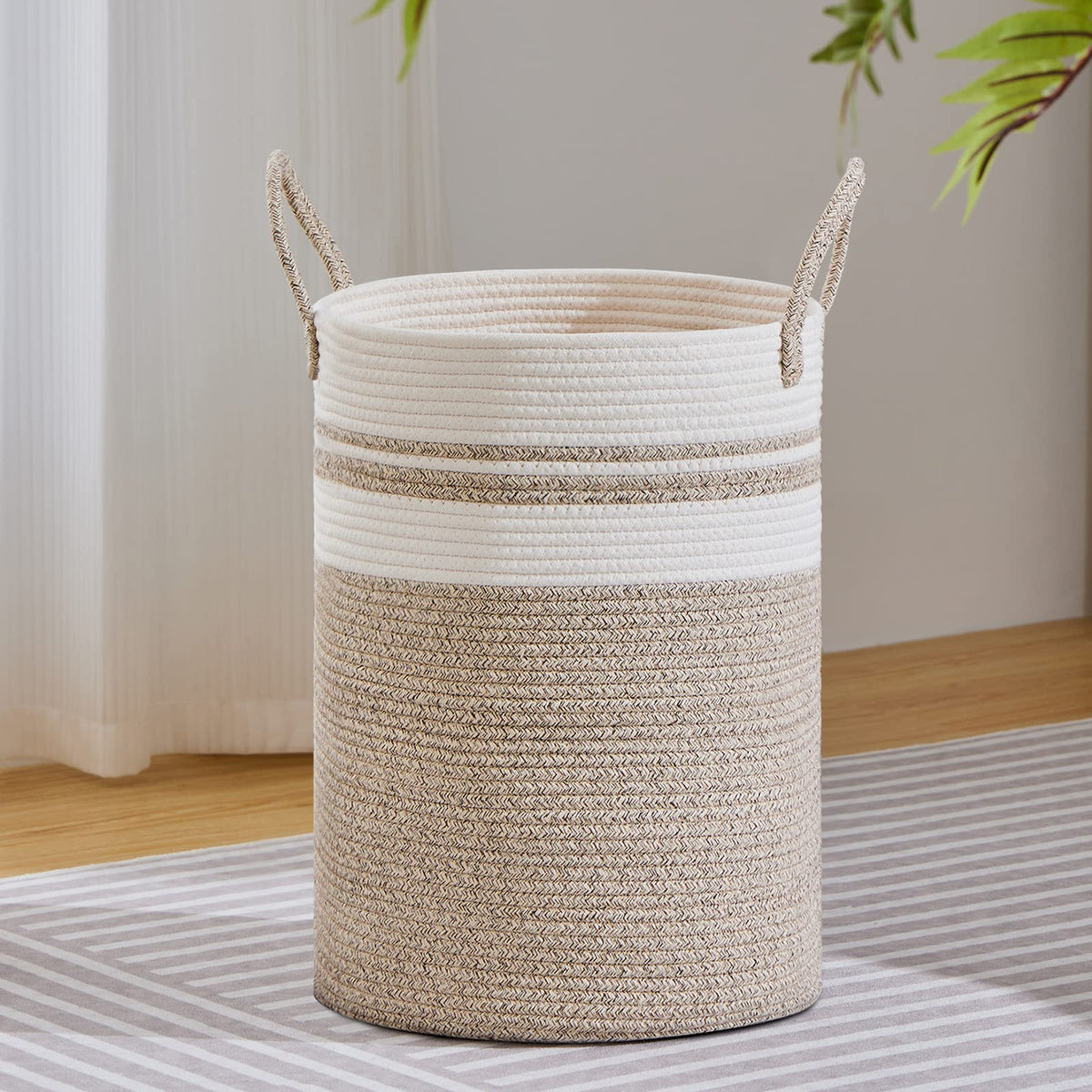 VIPOSCO 58L Tall Woven Laundry Basket Hamper, White Brown